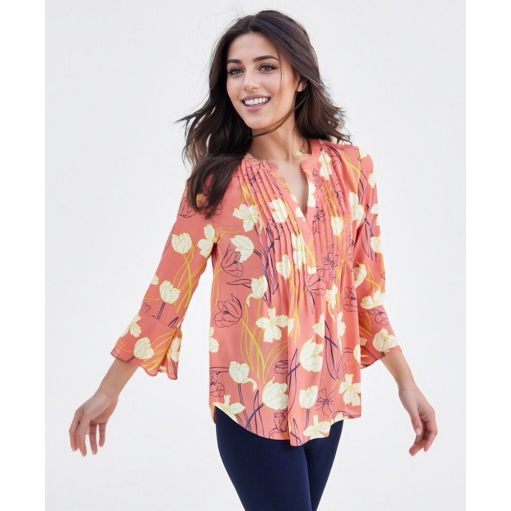 Style & Co Pintuck Floral Tulip Blouse Women XL Coral Flowy Boho Cottagecore NWT